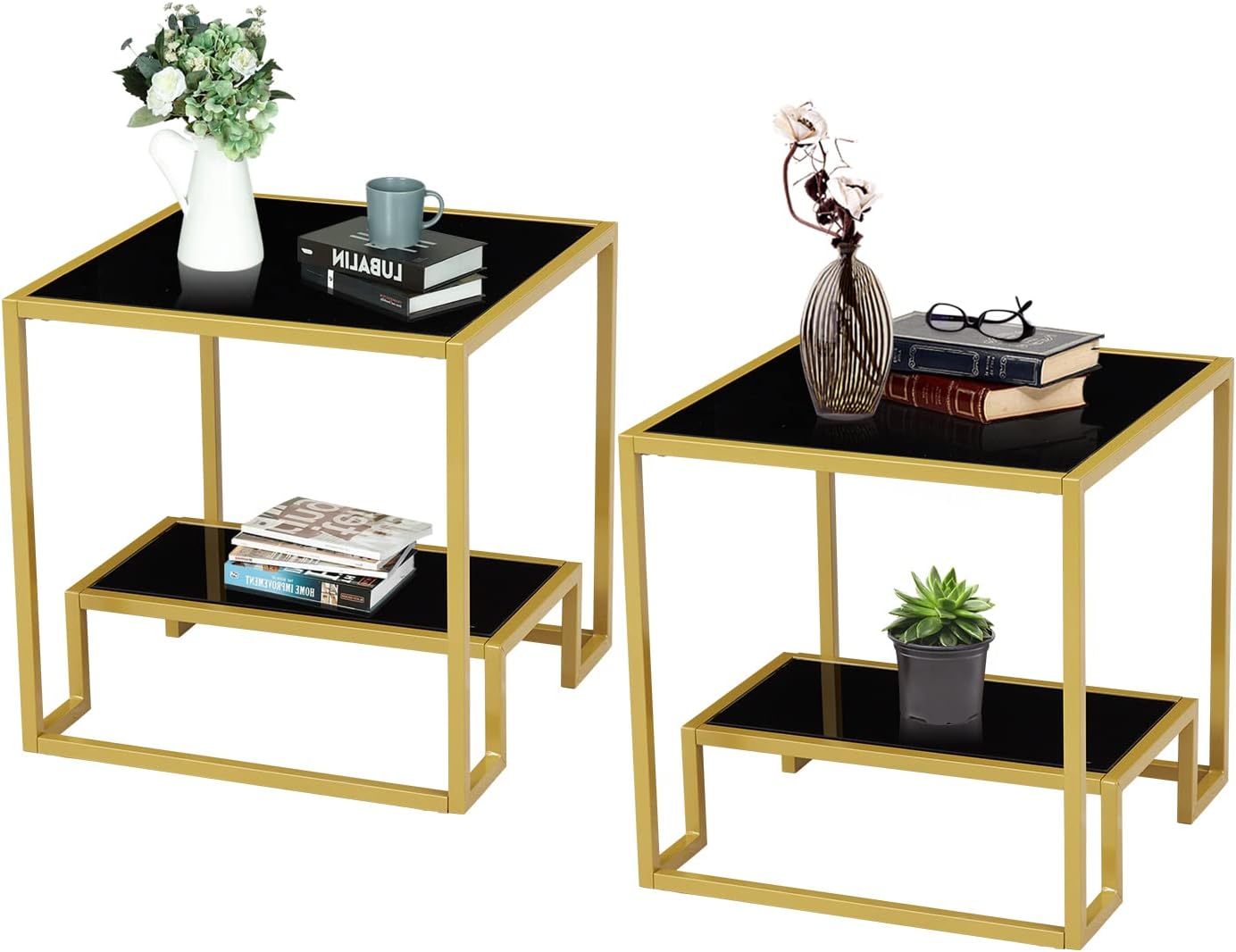 Modern Glass Side Table Set of 2, Square End Table w/Open Storage Shelf, Tempered