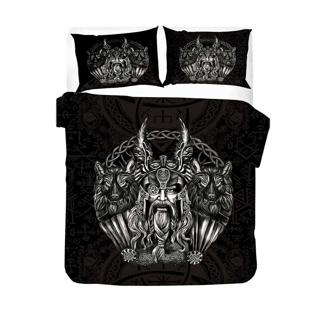 Housses couette taie d'oreiller Viking loup 3D noir pour literie nordique lit reine 210x210