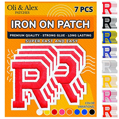Oli and Alex Iron On Letters 2.4 inch - 7 pcs of R Red Patches Letters for Clothing - Super Glue - No sew Needed - Embroidery Alphabet Football Team School University - Red, R