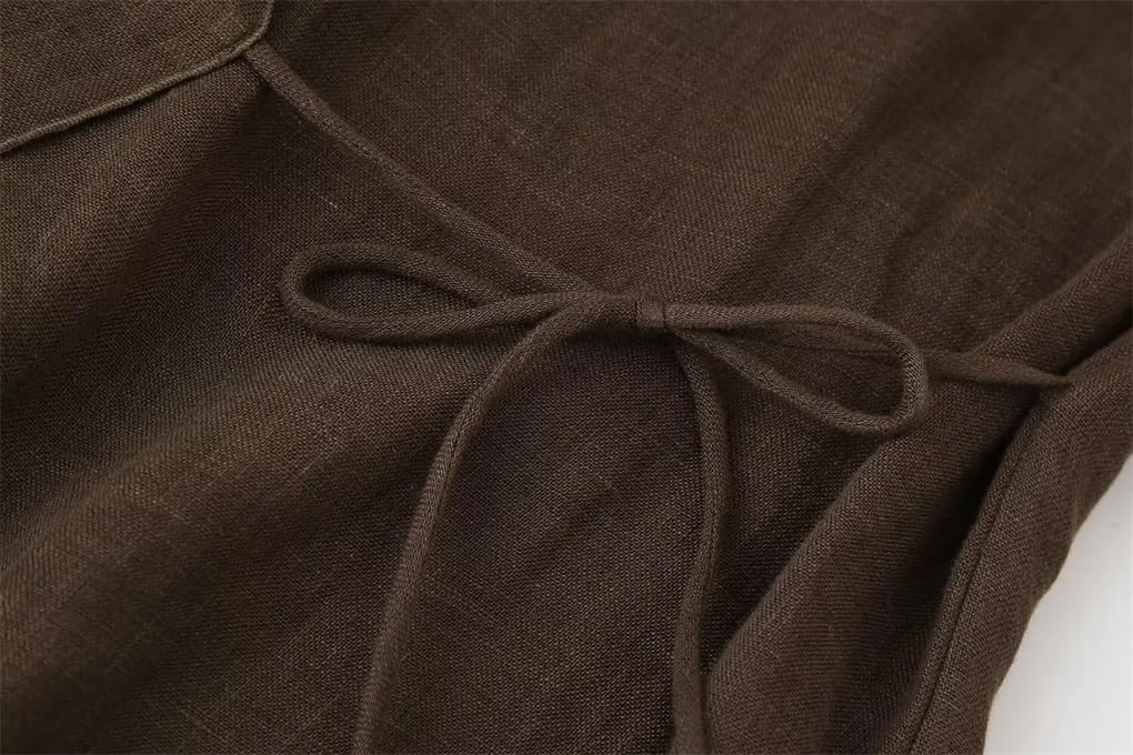 Women's V-Neck Linen Lace-Up Set Solid Color Casual Loose Plus-Size Simple Two-Piece Set