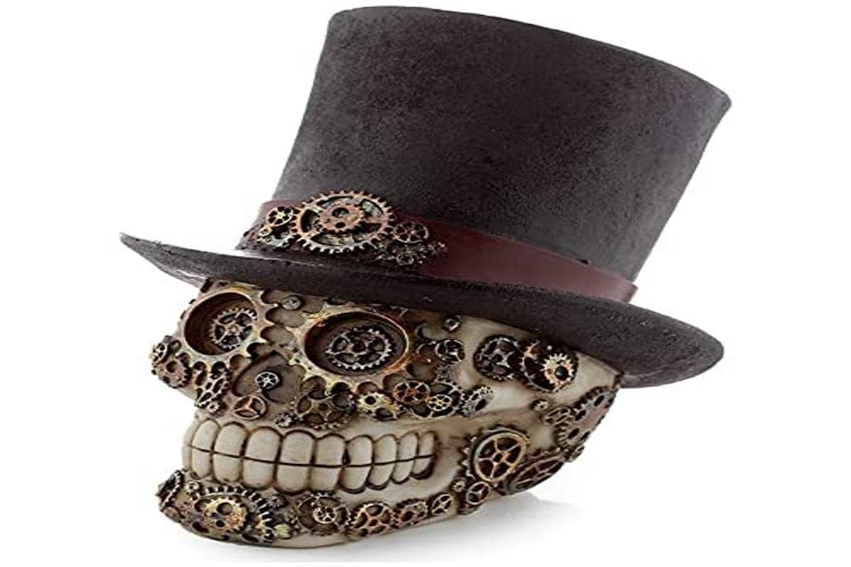 Steampunk Skull Ornament Top Hat Fantasy Figurine Gothic Gear Design 16cm