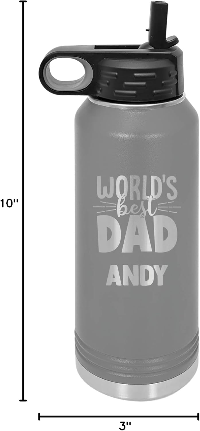 Customized Father’s Day 32 oz Water Bottle Gift, Grandpa Water Bottle, Monogram, Granddad, World’s Greatest, Dad Travel Mug, Laser Engraved, Vacuum Insulated, Stainless Steel, with Lid and Straw