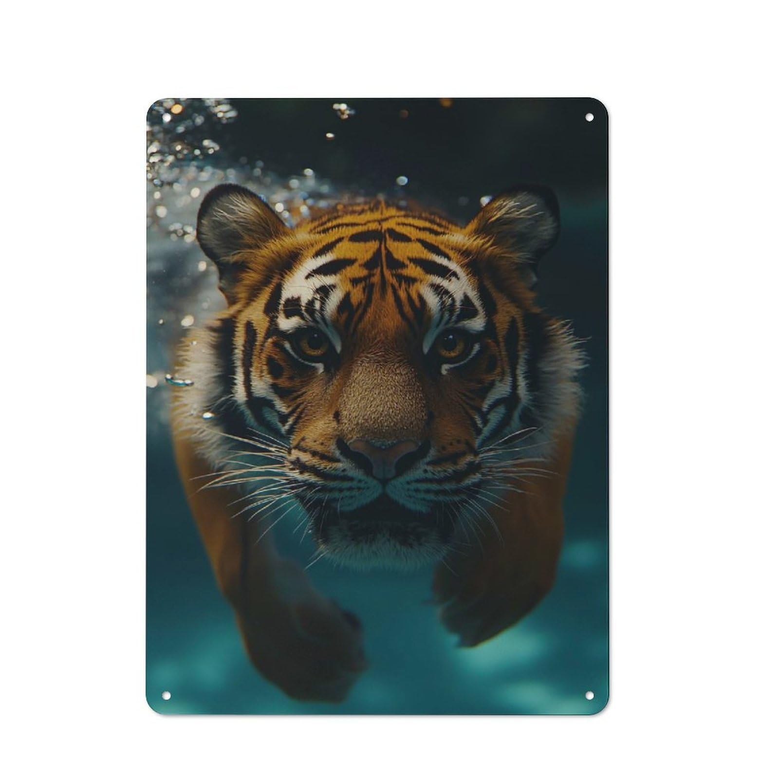Tiger Swimming Underwater Close-up Workshop Style Metal Wall Decor 40x30cm, Decorative Metal Plaque for Garage, Workshop, Shed Or Utility Room