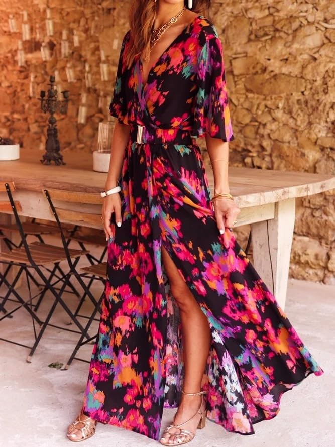 Vestido Maxi Bohemio De Verano para Mujer, Cuello En V, Manga Corta, Largo, Bohemio, con Flores, Cruzado, con Abertura Lateral, para Playa, Fiesta Informal.