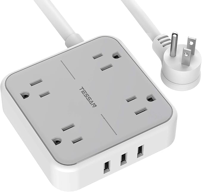 Flat Plug Power Bar, USB Power Strip with 4 Widely Spaced Outlets Charger, 3 USB Port, 5 Feet
