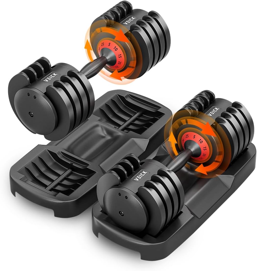 VEICK 25/55 lbs Adjustable Dumbbell, Fast Adjust Weight Dumbbell with Anti-Slip Turning Handle for Men Women, Dumbbell with Tray for Home Gym Full Body Workout Fitness