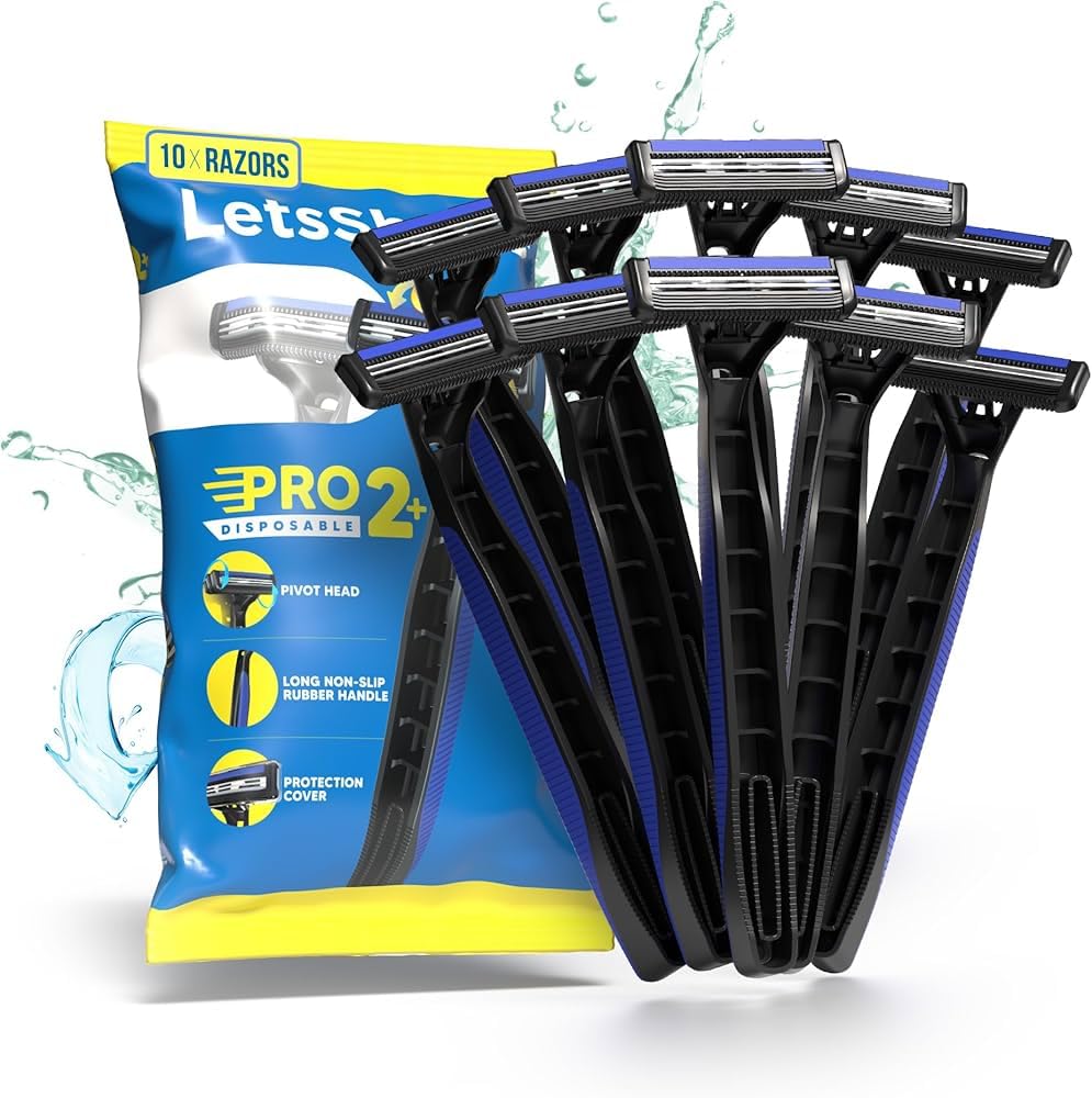 Pro 2 Plus Disposable Shaving Razor, Pack of 10, Stainless Steel Twin Blades Made in South Korea, Open Flow Design with Pivot Head & Safety Cap | Manual Shaving Razor for Men