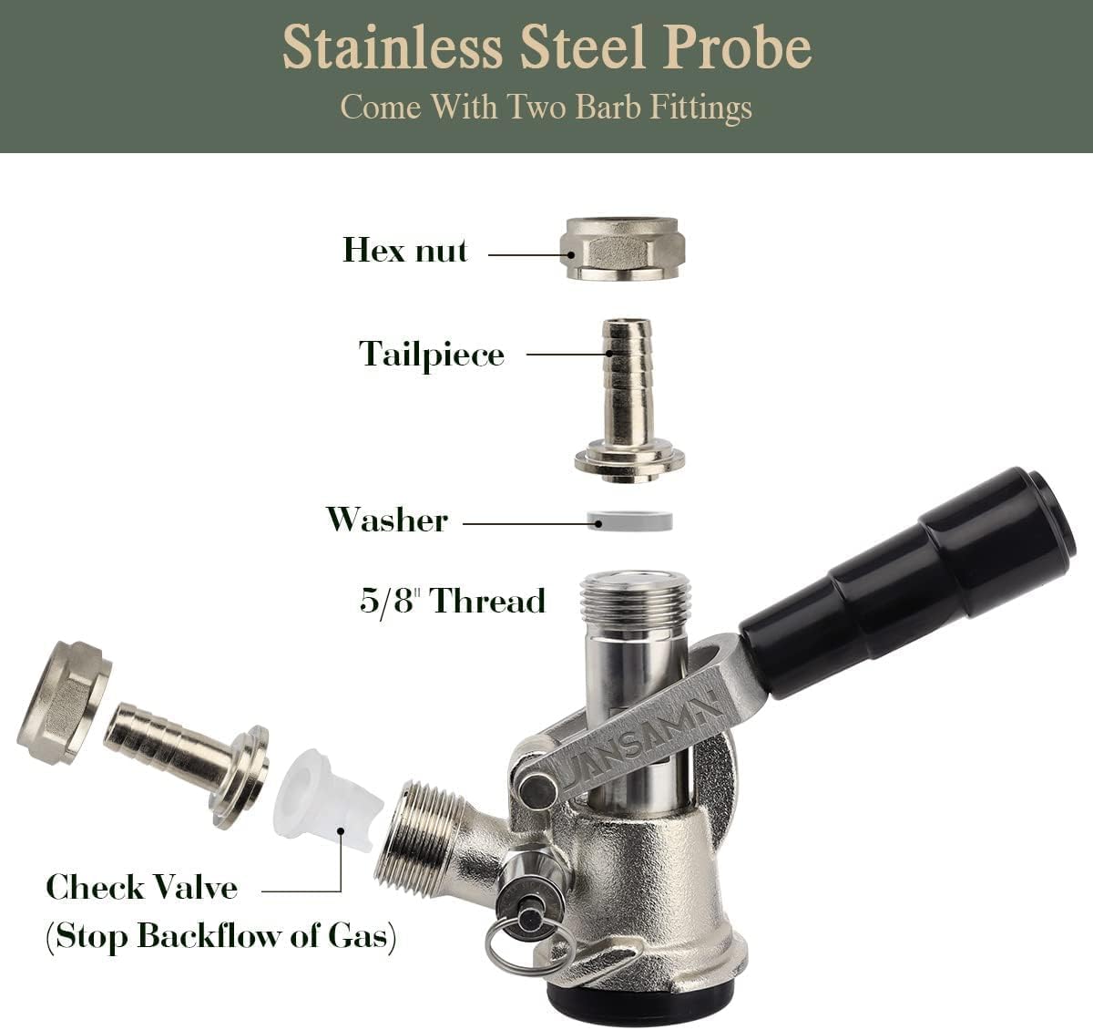 Keg Coupler, Sankey D Tap with 304 Stainless Steel Probe, Keg Coupler D System with Black Handle & Hose Clamp, D Style,Sankey D Tap for 5/16" ID Hose