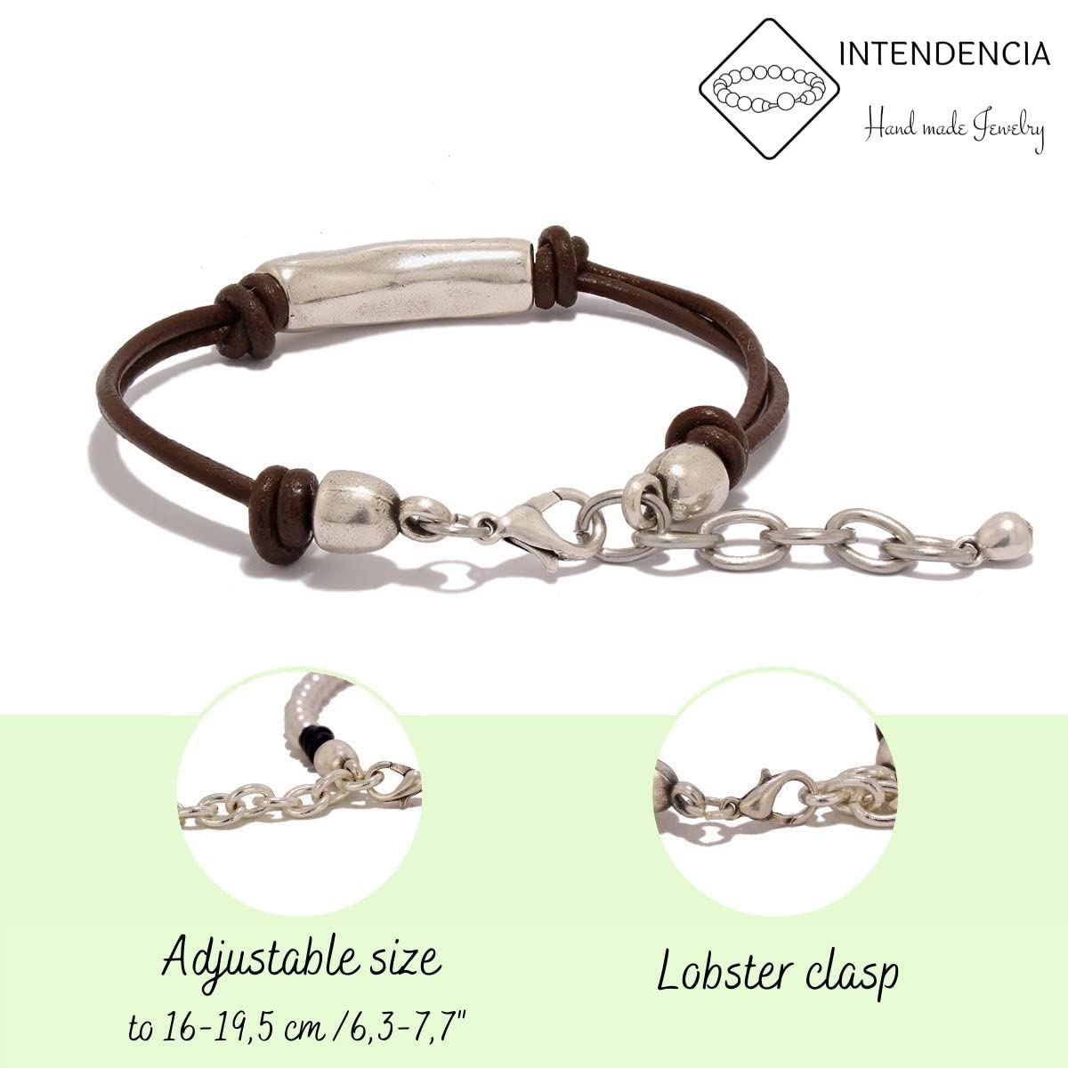 Pulsera de cuero marrón para mujer hecho por Intendenciajewels – Hecho a mano - Pulsera bohemia - Joyas para mujer - Pulsera de cuero y plata - Pulsera ajustable de 16-19,5 cm.