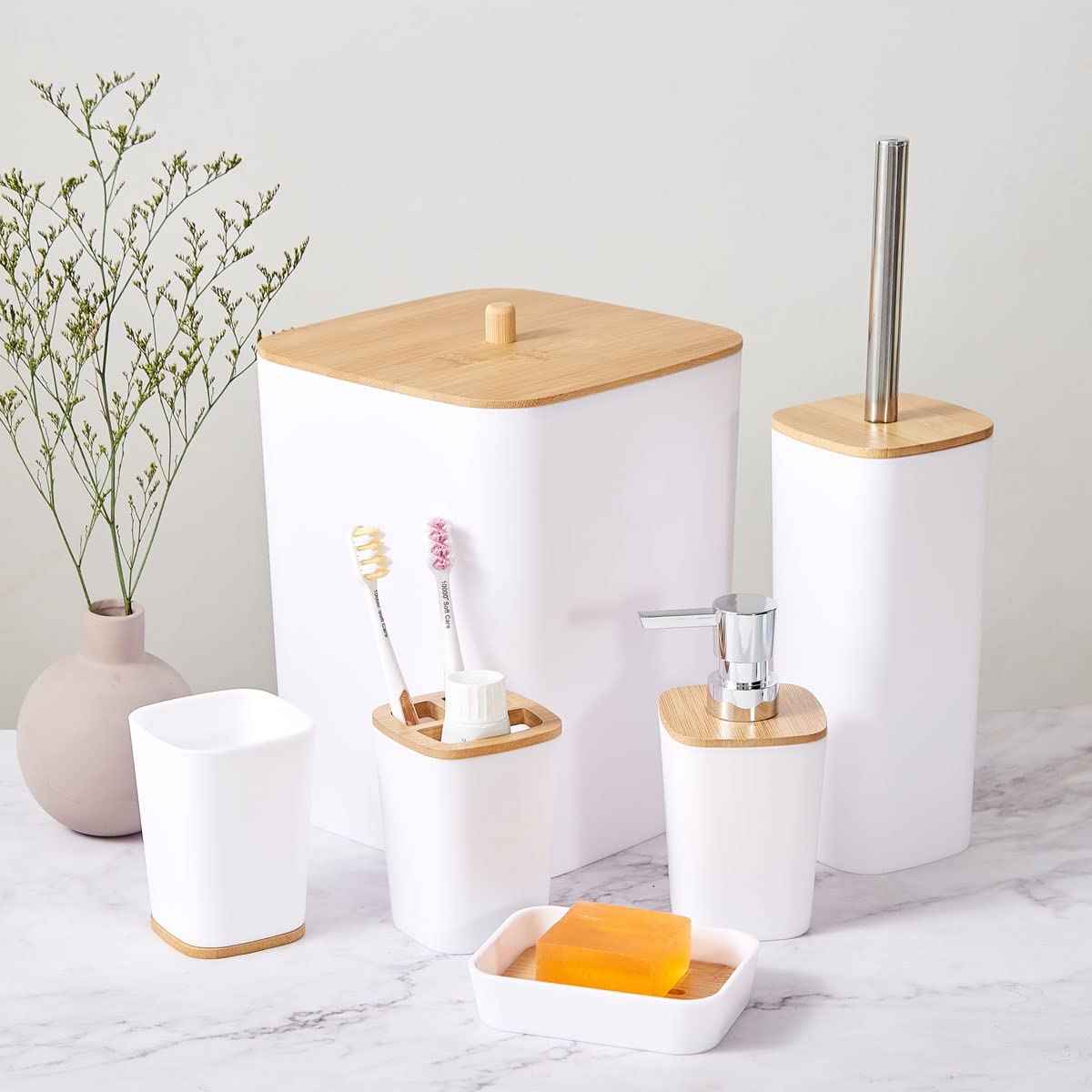 JETAINE 6-teiliges Bambus-Badezimmer-Zubehör-Set, luxuriöses modernes Accessoire, WC-Zubehör mit Mülleimer, Zahnbürstenhalter, Tasse, Seifenschale und Seifenspender