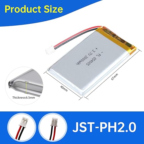 Miniatura 3 de 654065 Batería Lipo 3.7V 2000mAh 654065 Paquete de Batería Recargable de Polímero de Litio con Conector JST PH2.0mm para Dispositivo Electrónico