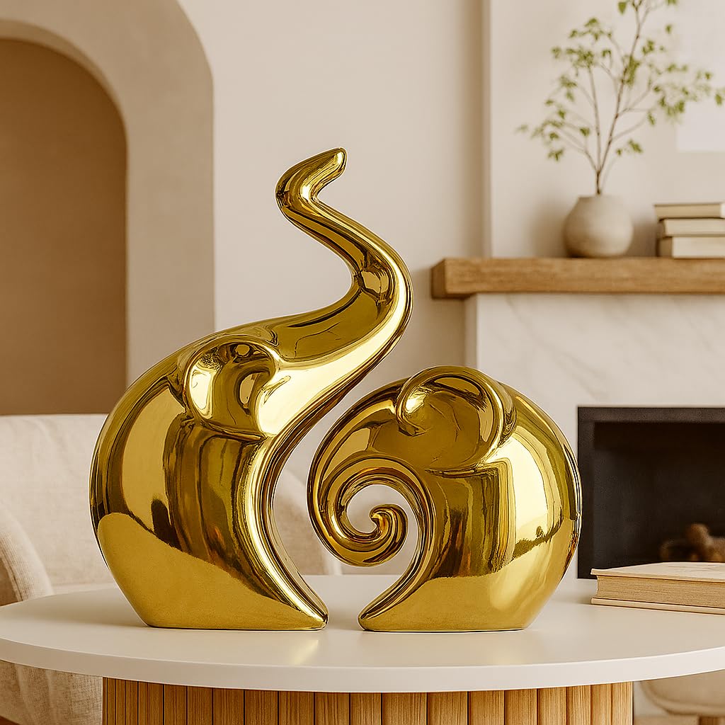 Xtore Beautiful Golden Elephant Couple for Home Decor (Pack of 2, Golden)