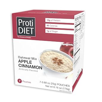 ProtiDIET دقيق الشوفان عالي البروتين من قرفة التفاح - 15 جرام بروتين، خالي من السكر مع الألياف المضافة - دقيق الشوفان الفوري للحصول على وجبة إفطار صحية ومغذية، معبأة بمغذيات أساسية - 7 عبوات لكل صندوق