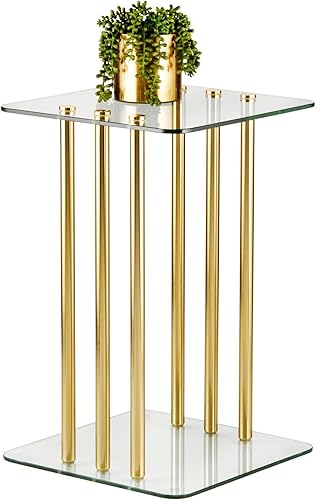 Miniatura 6 de mDesign Mesa auxiliar cuadrada con parte superior de vidrio, moderna mesita de noche decorativa de metal para dormitorio, sala de estar, oficina en
