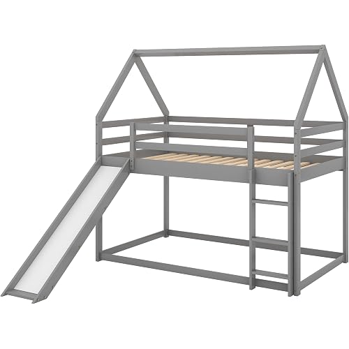 SOFTSEA Twin Bunk Bed with Ladder and Slide, Low Design