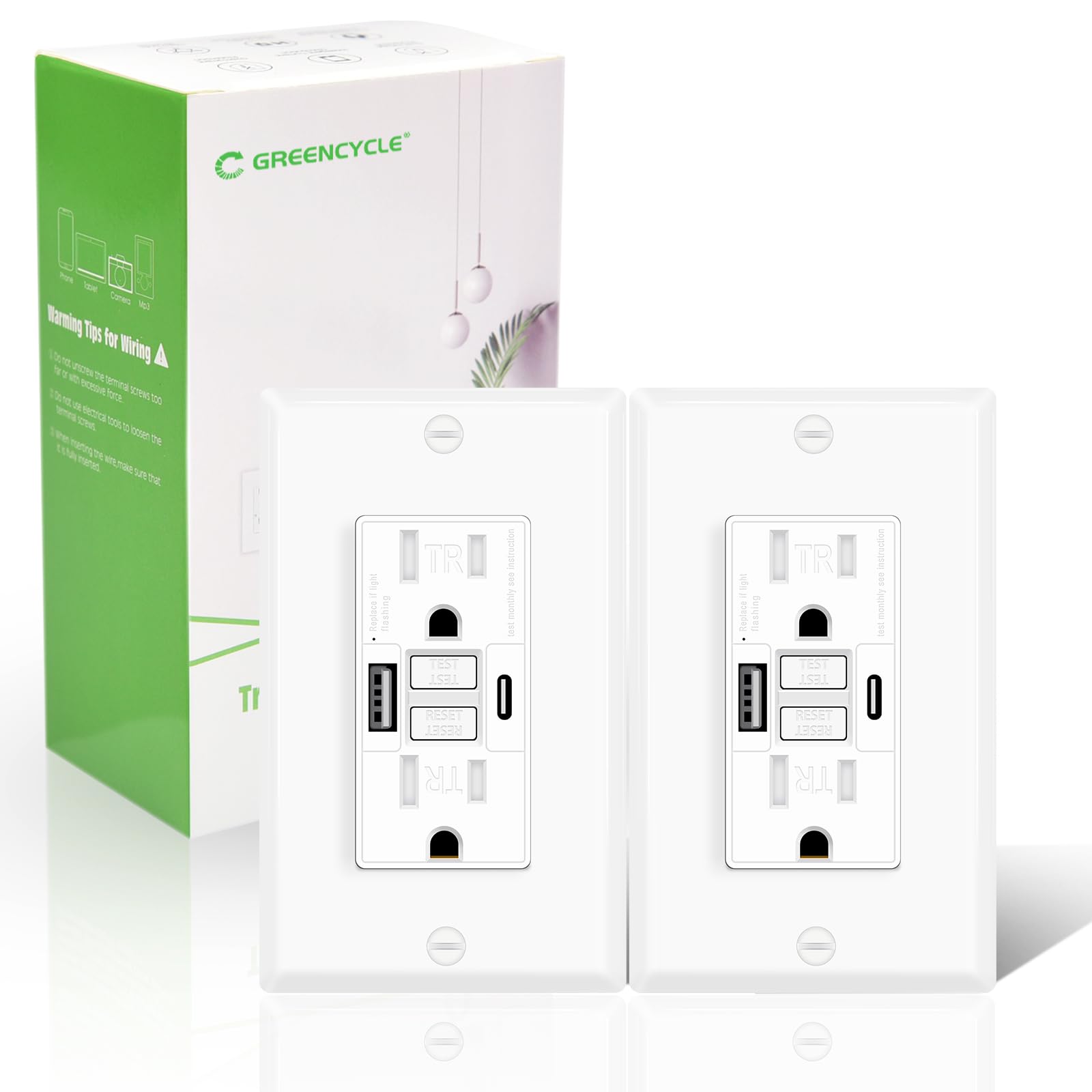 Greencycle Toma GFCI de 15 amperios con puertos USB C y USB A, 2 unidades de tomas eléctricas GFCI de autoprueba con USB, con indicador LED, grado residencial y comercial, incluye placa de pared y