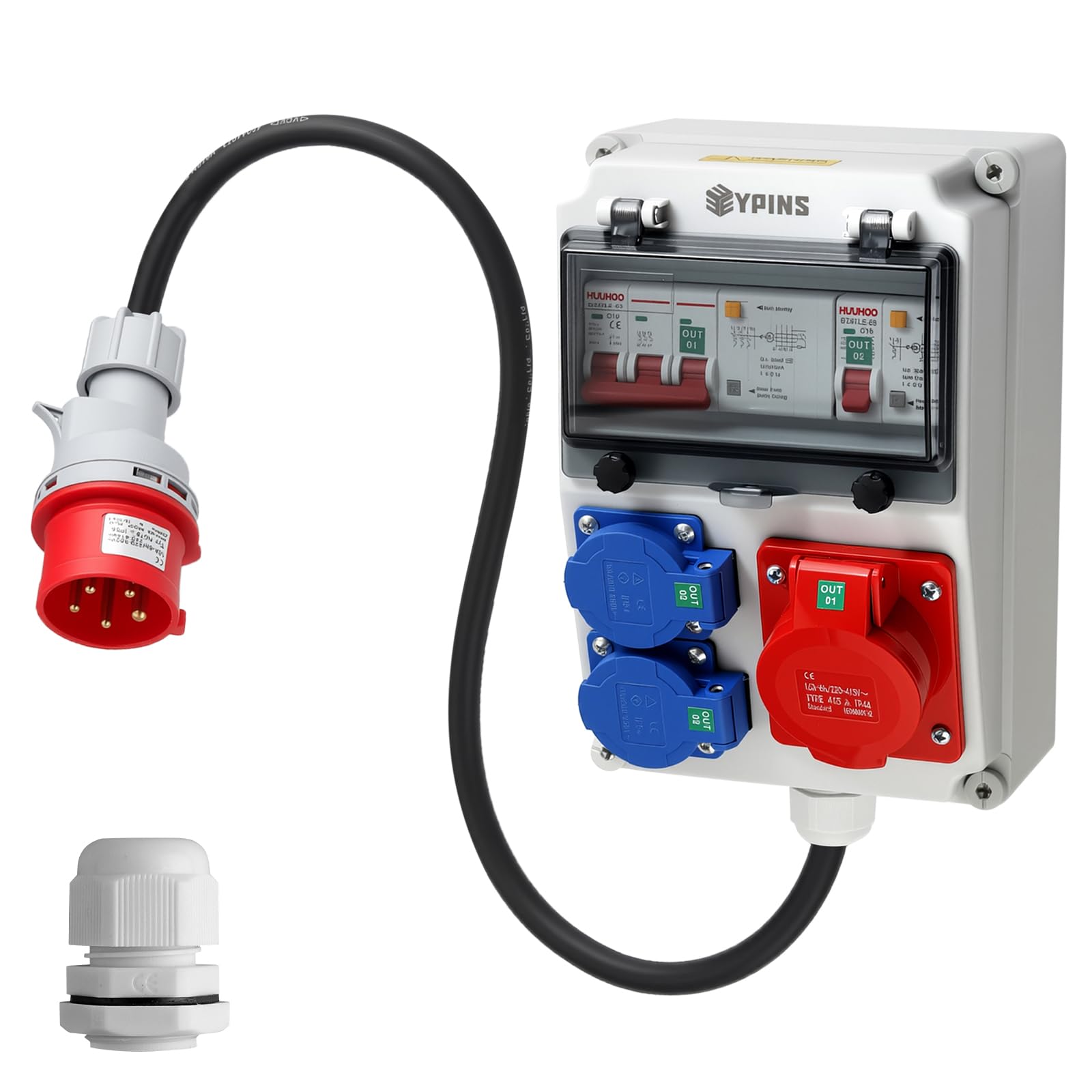 EYPINS Distributore di Corrente da Cantiere con Cavo 1M,2 Schuko+1 CEE 16 A | Protezione FI/LS,Presa Schuko e CEE,Quadro Elettrico Esterno da Parete,Impermeabile IP66,per Giardino,Garage,Officina,Cortile