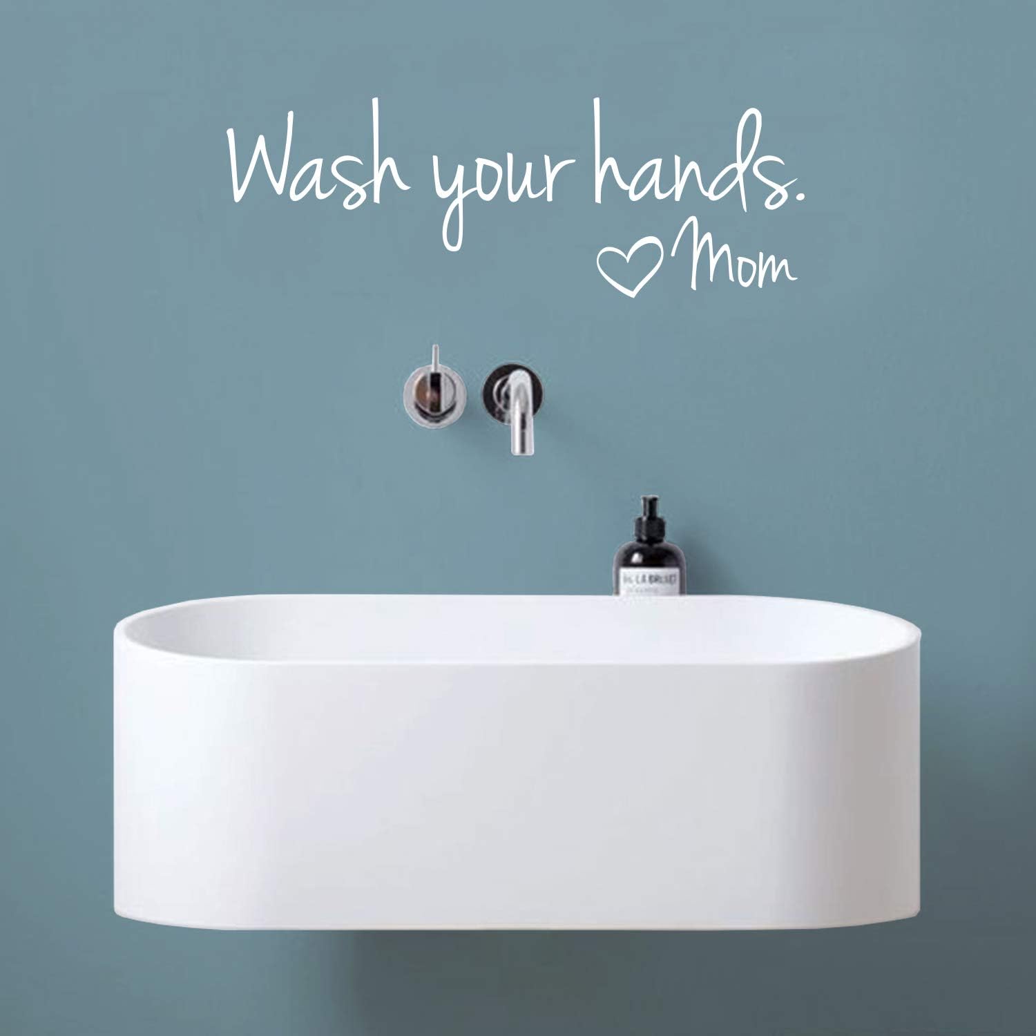 Imprinted Designs Wash Your Hands Love Mom Quote Bathroom Wall Stickers Waterproof Art Vinyl Decal Bathroom Wall Decor (8" x 18", White)