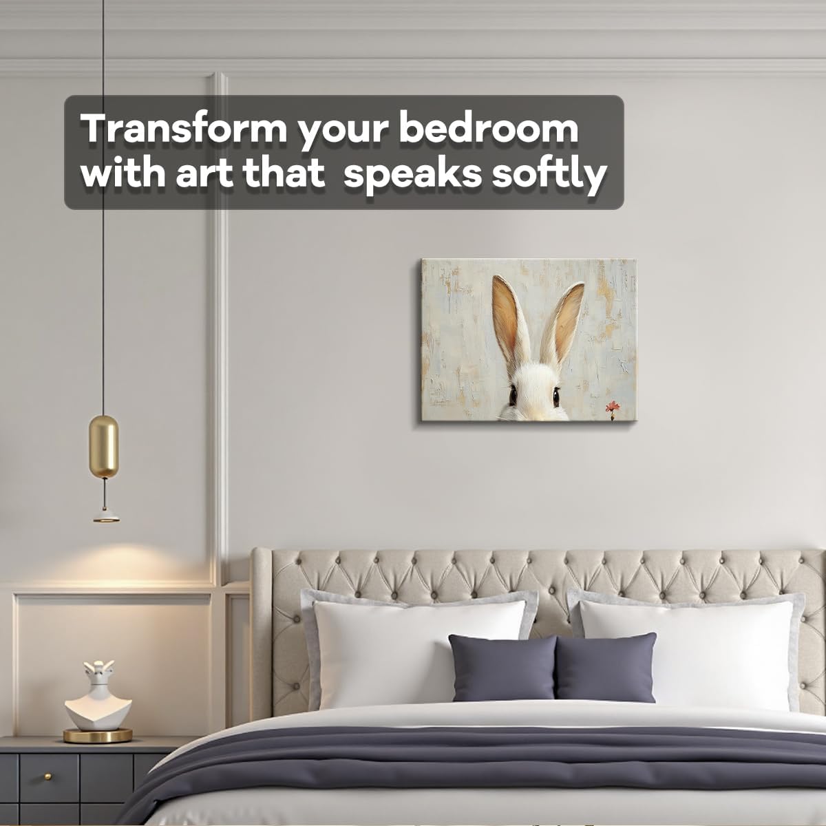 White Bunny Wall Art – 15x12 Inch Cute Rabbit Print with Minimalist Background – Frameless Paper Laminate for Bedroom, Living Room, or Office – Hanging & Table Display image 3