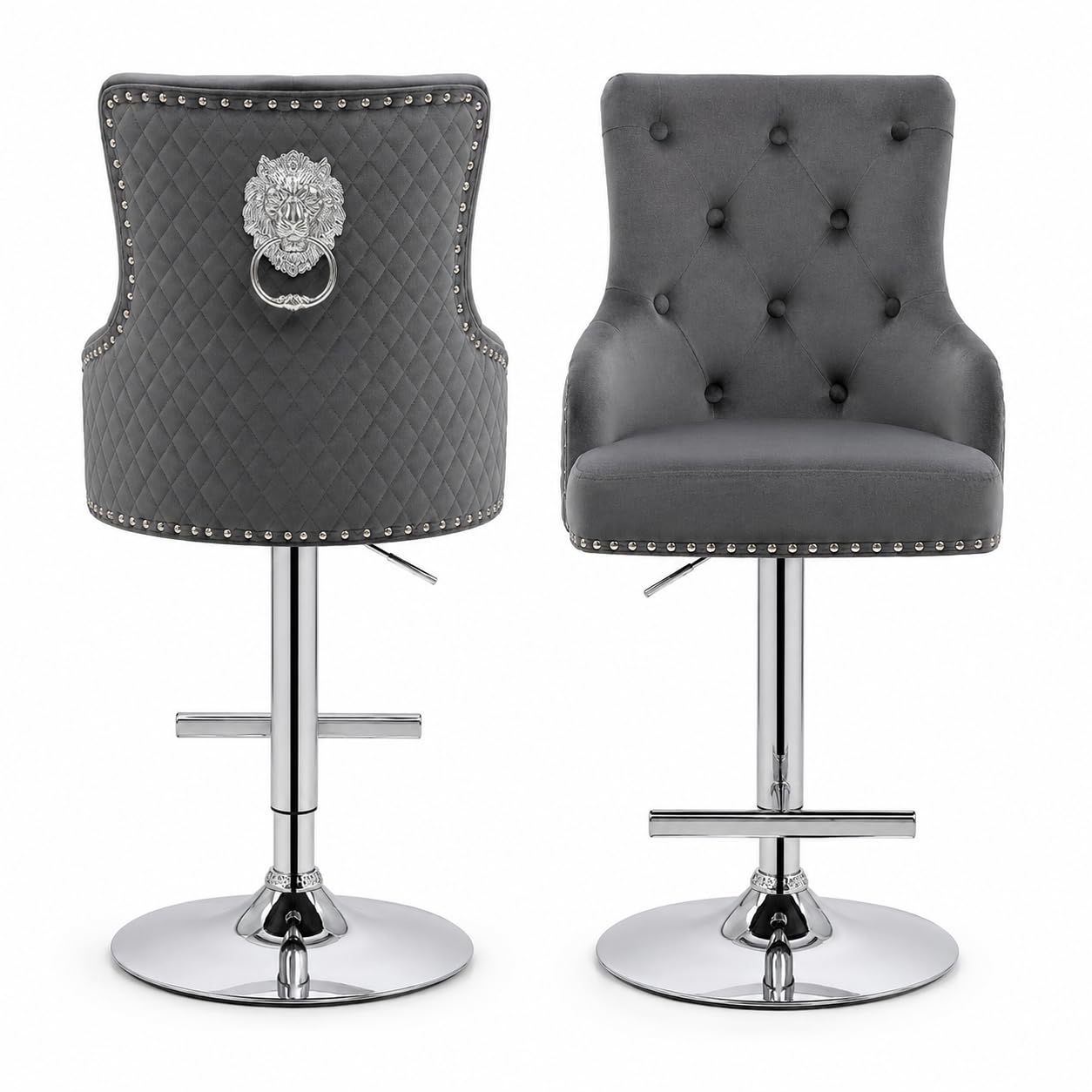 ASR INTERIORS Majestic Velvet Bar Stool - Adjustable Bar Stools with Backrest & Footrest for Kitchen, Dining Room, and Home - Modern Tufted Design in Grey Plush Velvet (Pack Of 1 Stool, Grey)