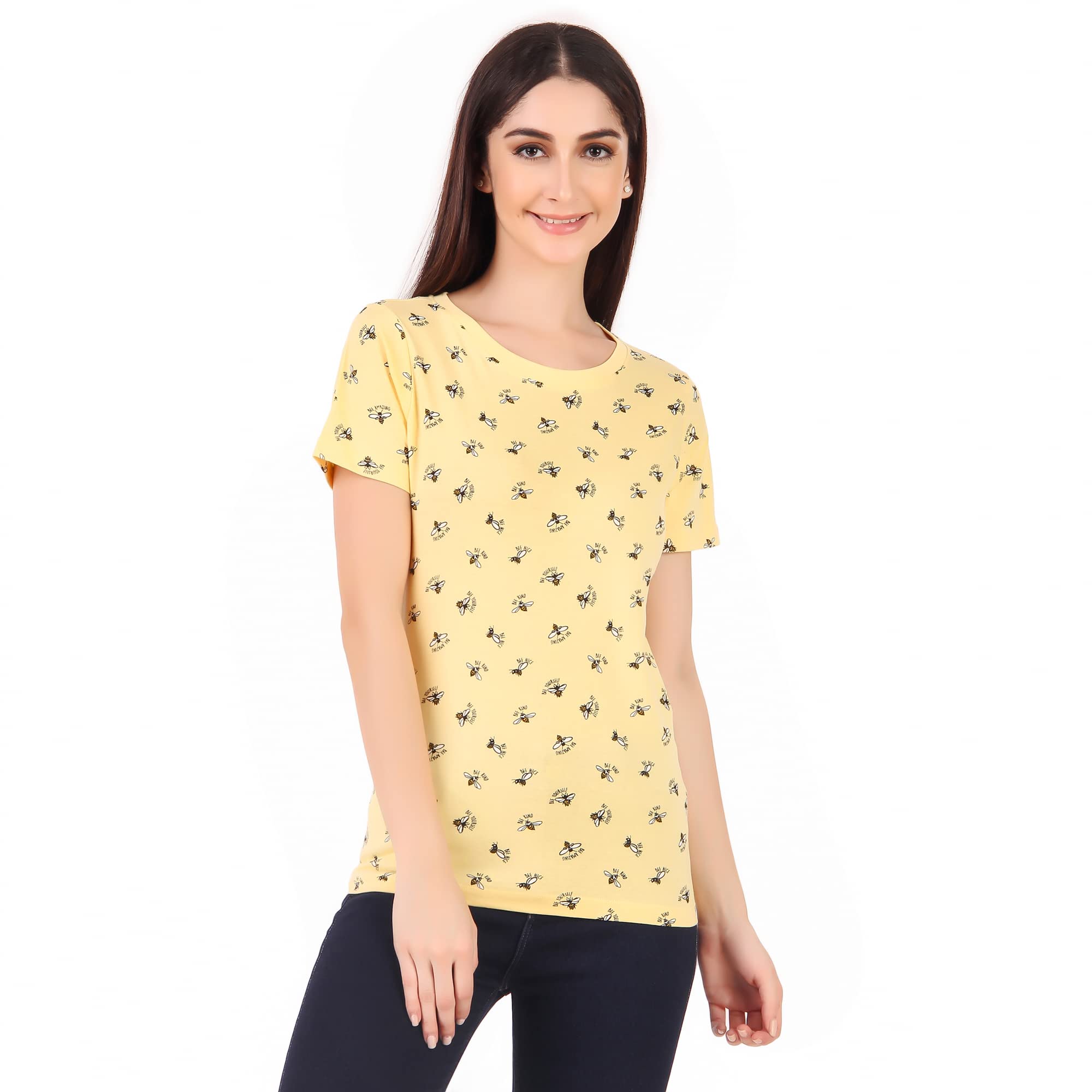 Women 100% Cotton Printed Tshirt in Ribbed Neck Includes Plus Sizes, Regular Fit and Half Sleeves (Sizes Small -5XL)