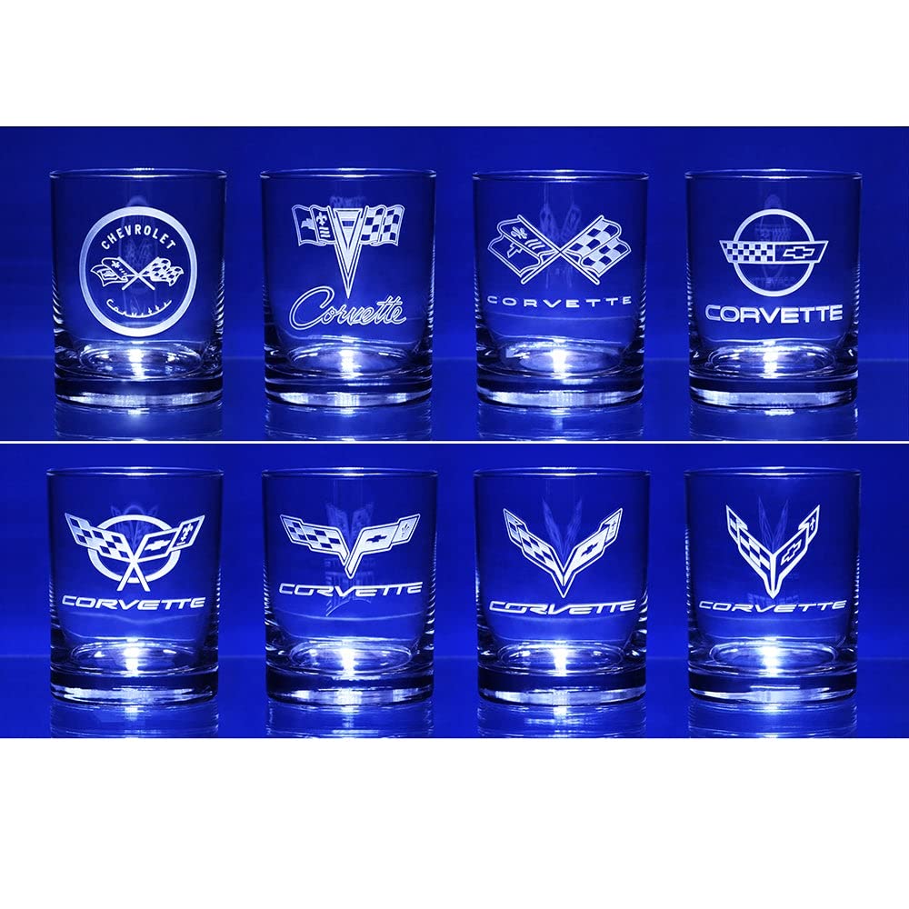 SR1 Performance C1-C8 Corvette Glassware Engraved Generations 13 5 oz Short Beverage Glass Cups Drinkware - Set of
