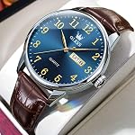 OLEVS Watches for Men Leather Men Easy Read Watches, Arabic Numerals Simple Style Calendar Large Face Watches (White/Black/Blue Dial)