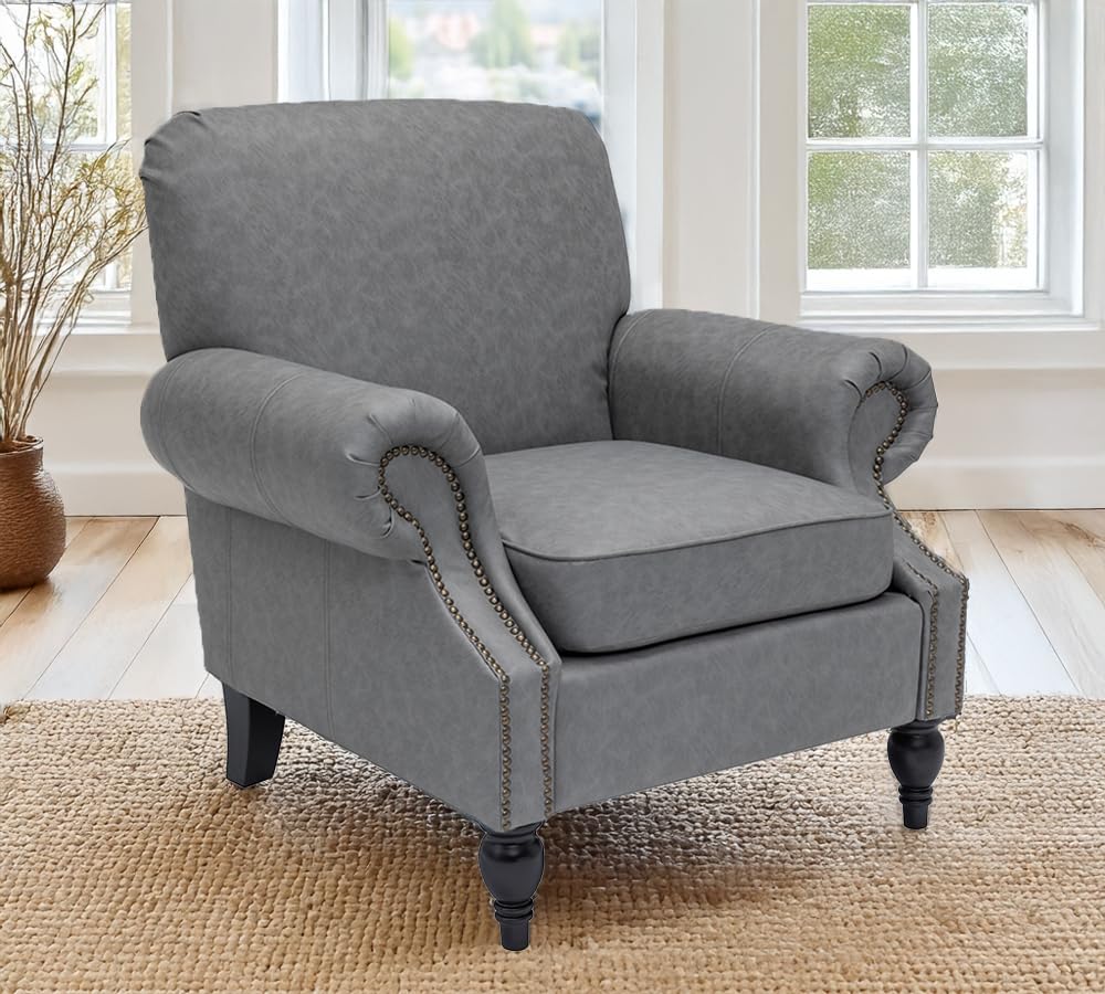 BARNUT Accent Chair,22.4" Seat Depth Armchair with Roll Arms,36.6W*34.3D*34.6H Living Room Chair,Wood Legs,Set of 1,Faux Leather in Gray