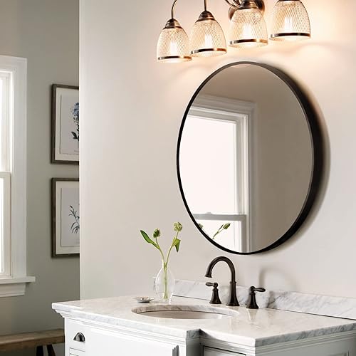 Dapai 28 inch Circle Wall Mirror, Large Round Brushed Matte Black Metal Framed, 1-9/16" Deep Rim, Deluxe Design for Bathroom, Living Room, Dining Room , Entryway