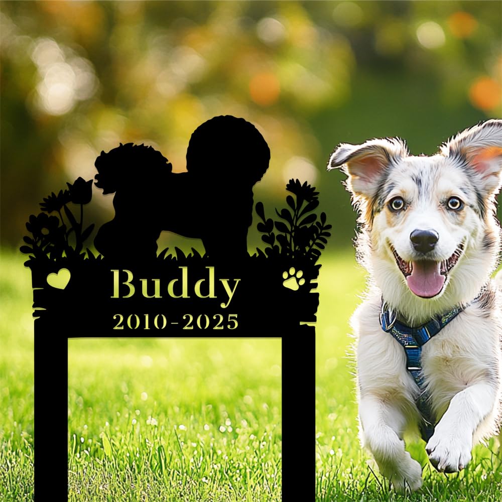 Custom Metal Bichon Dog Memorial with Stake,Personalized Pet Name Grave Cemetery Markers Sign for Outdoor Garden Graveside,Customized Dogs Remembrance Plaque for Pets Owner Loss Gift,Outdoor Tombstone