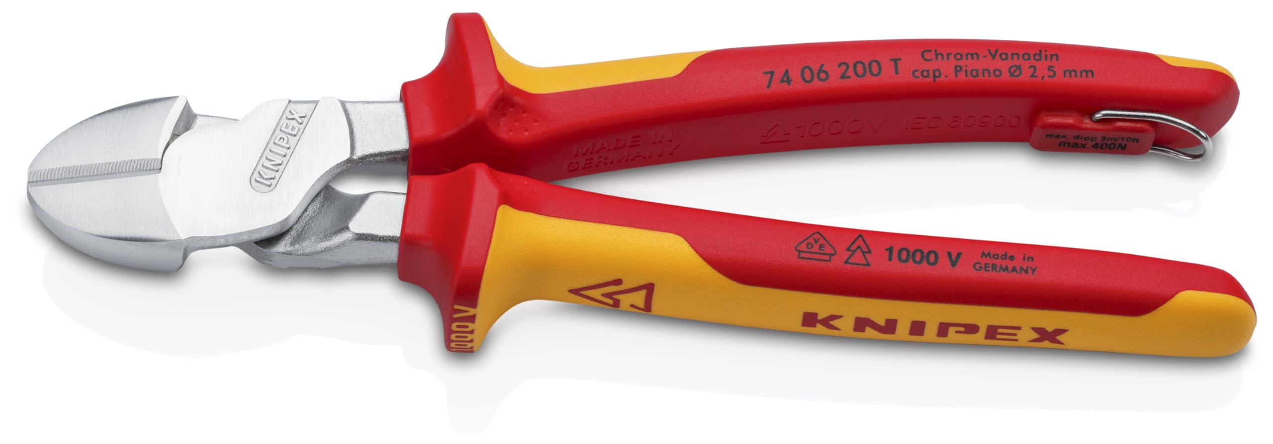 KNIPEX Kraft-Seitenschneider verchromt isoliert mit Mehrkomponenten-Hüllen und integrierter Befestigungsöse, VDE-geprüft 200 mm, 74 06 200 T