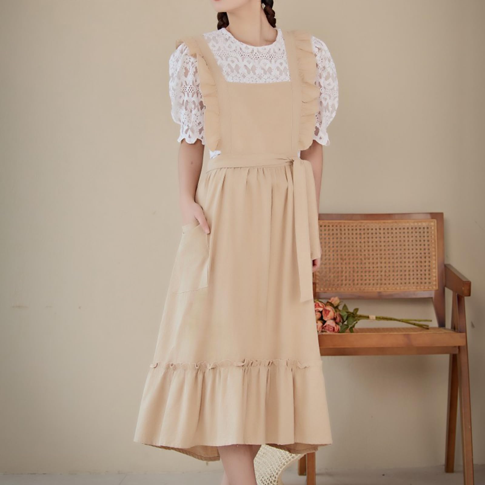 Tablier De Cuisine Vintage en Coton pour Femme Beige avec Volants Et Poches pour Cuisine Jardin Poterie Atelier Artisanat Beige,One Size