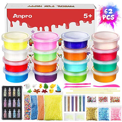 Anpro 62PCS Kit Slime Fluffy DIY Fabrication Slime Pas Cher Slime Factory Paillettes pour Garçon Fille Faite des Slimes de Folie Compris Slime Boules Mousse Perles Poudre Paillete Parfait Cadeau Noel
