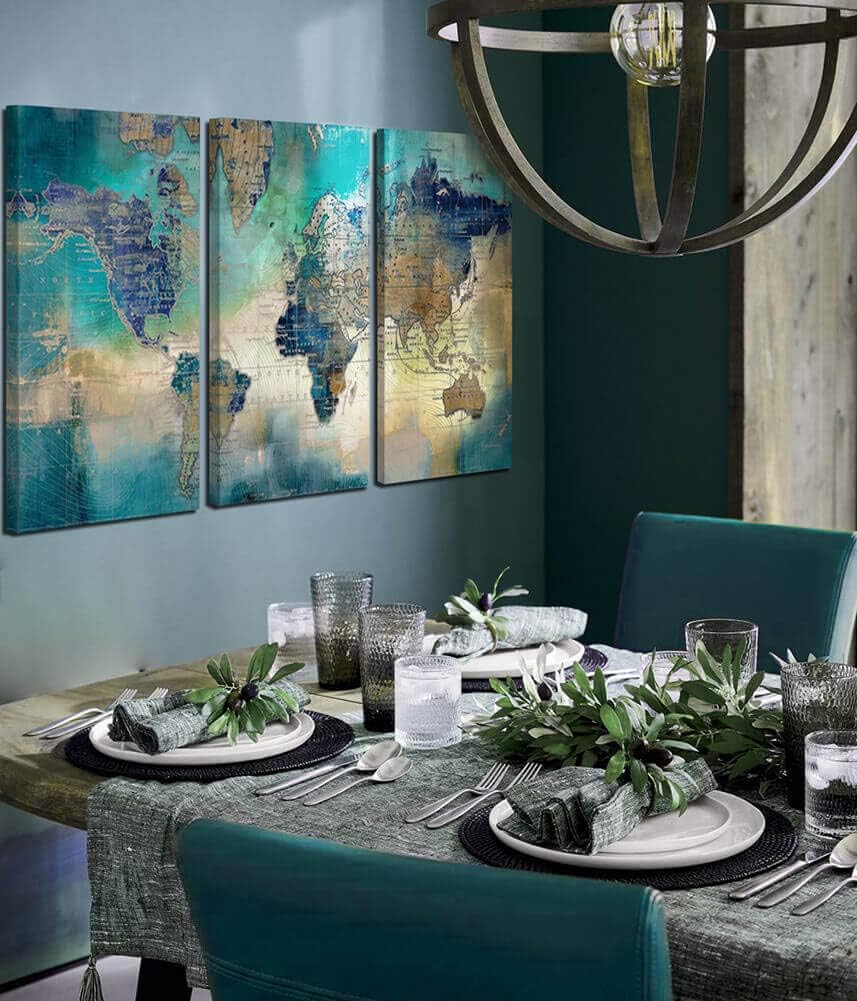 🛒 Crazy Deals Large World Map Canvas Prints Wall Art for Living Room Office 16x32 3 Piece Green World Map Picture Artwork Decor for Home Decoration