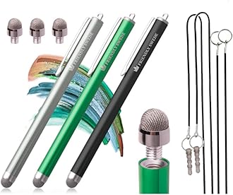 The Friendly Swede Stylus Pen Replaceable Micro-Knit Mesh Tip - Capacitive Touchscreen Stylus Tablet Styli with Lanyards Screen Cleaning Cloth and Replacement Tips (3 Pack) (Silver + Black + Green)