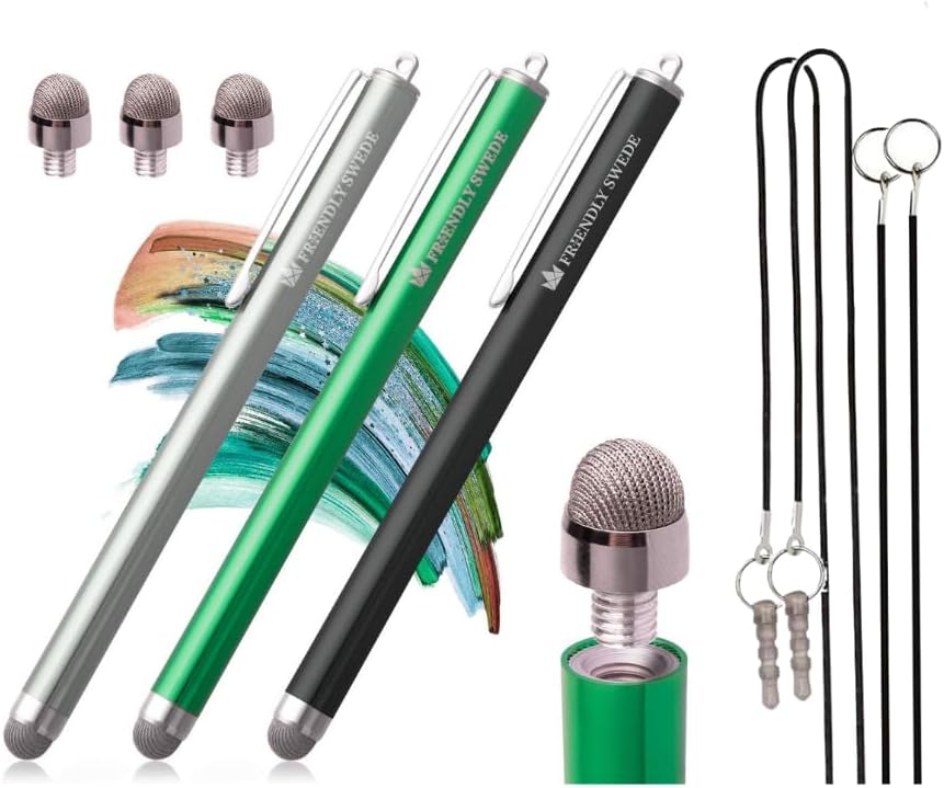 The Friendly Swede Stylus Pen Replaceable Micro-Knit Mesh Tip - Capacitive Touchscreen Stylus Tablet Styli with Lanyards Screen Cleaning Cloth and Replacement Tips (3 Pack) (Silver + Black + Green)