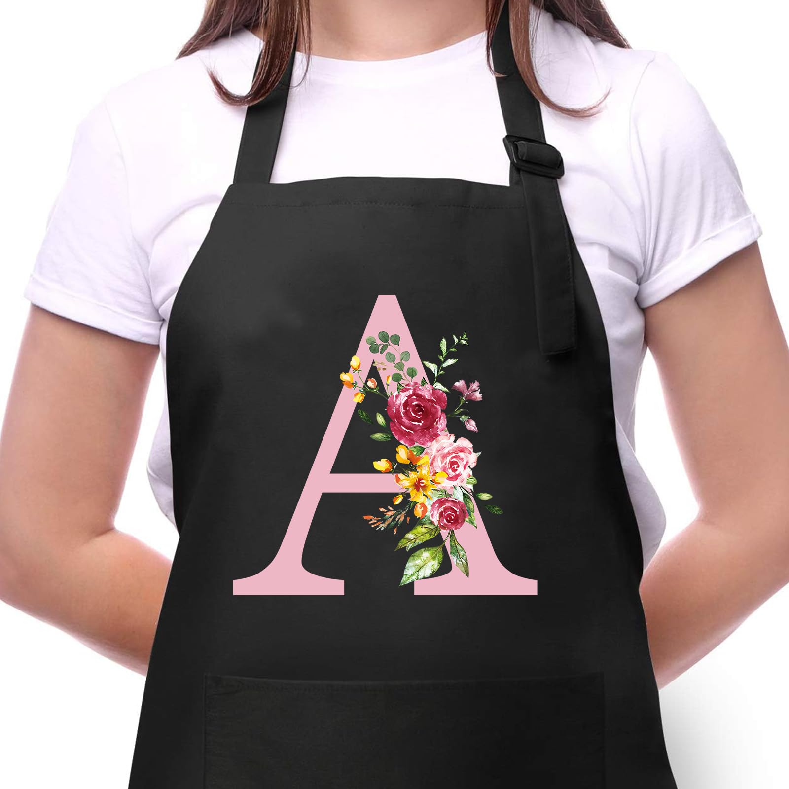 Delantal Cocina Mujer con Inicial y Flores, Delantales Impermeables con Bolsillos, Delantal de Barbacoa Ajustables para Cocina Café Jardinería Hornear, Regalo de Cumpleaños para Mamá Esposa Abuela A