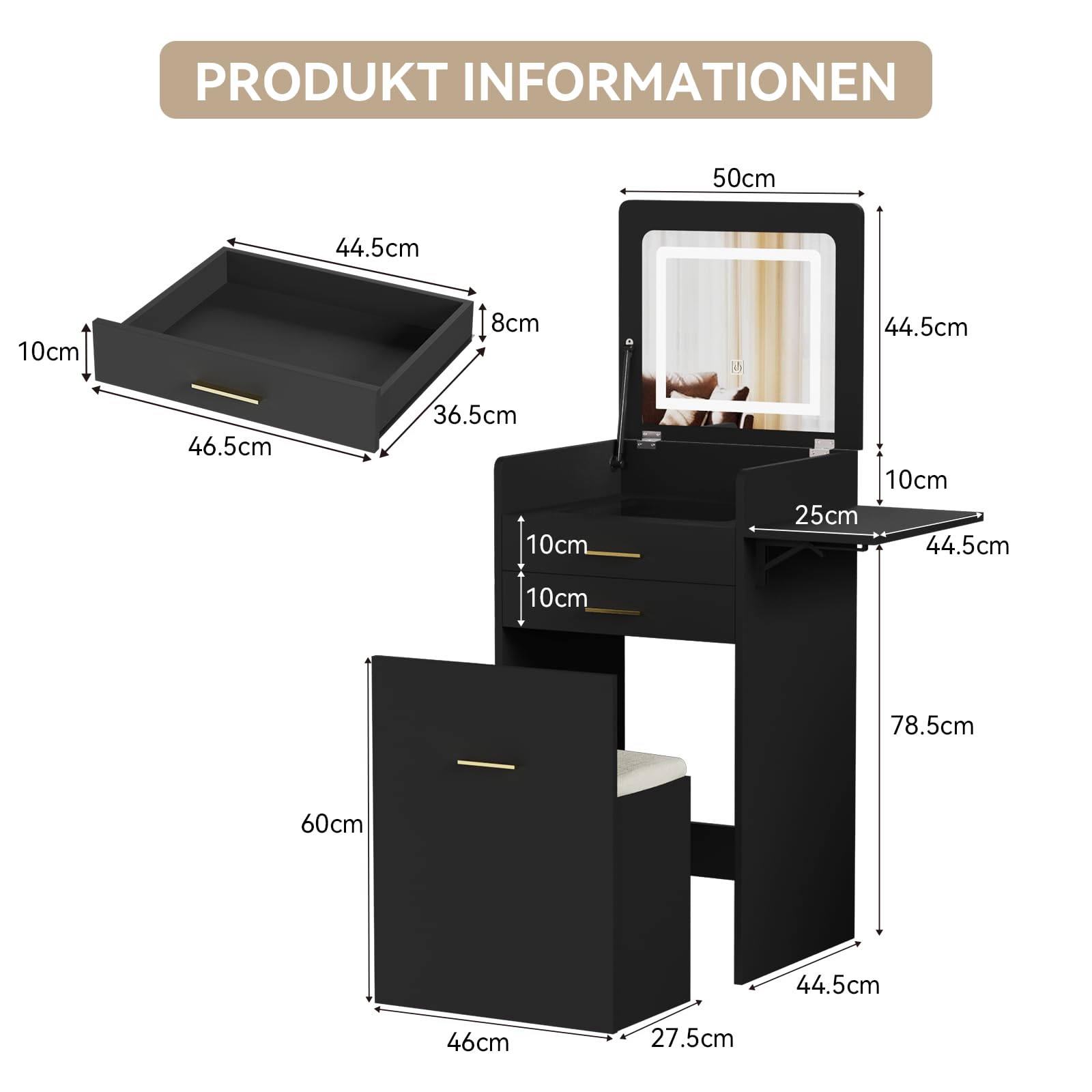 YU YUSING 3 in 1 Schminktisch mit Beleuchtung Spiegel, Klappbarer | 2 Schubladen, Glasplatte, Rollen Hocker, Eckschminktisch Kleiner Frisiertisch für Schlafzimmer, Schwarz