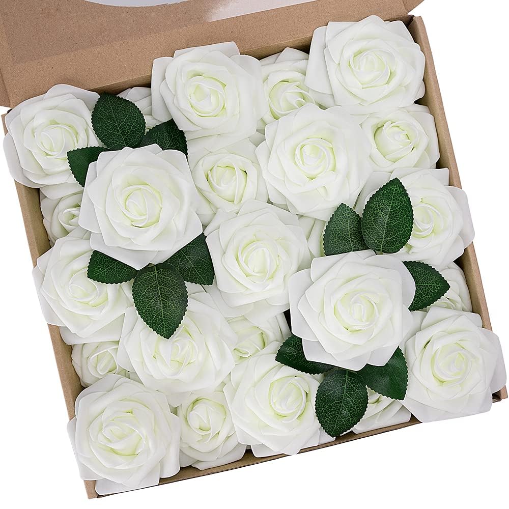 N&T Nieting Ivory White Artificial Flowers - 25Pcs Foam Roses With Stems, Fake Flower For Diy Wedding Bouquets, Centerpieces, Crafts, Party & Home Decoration
