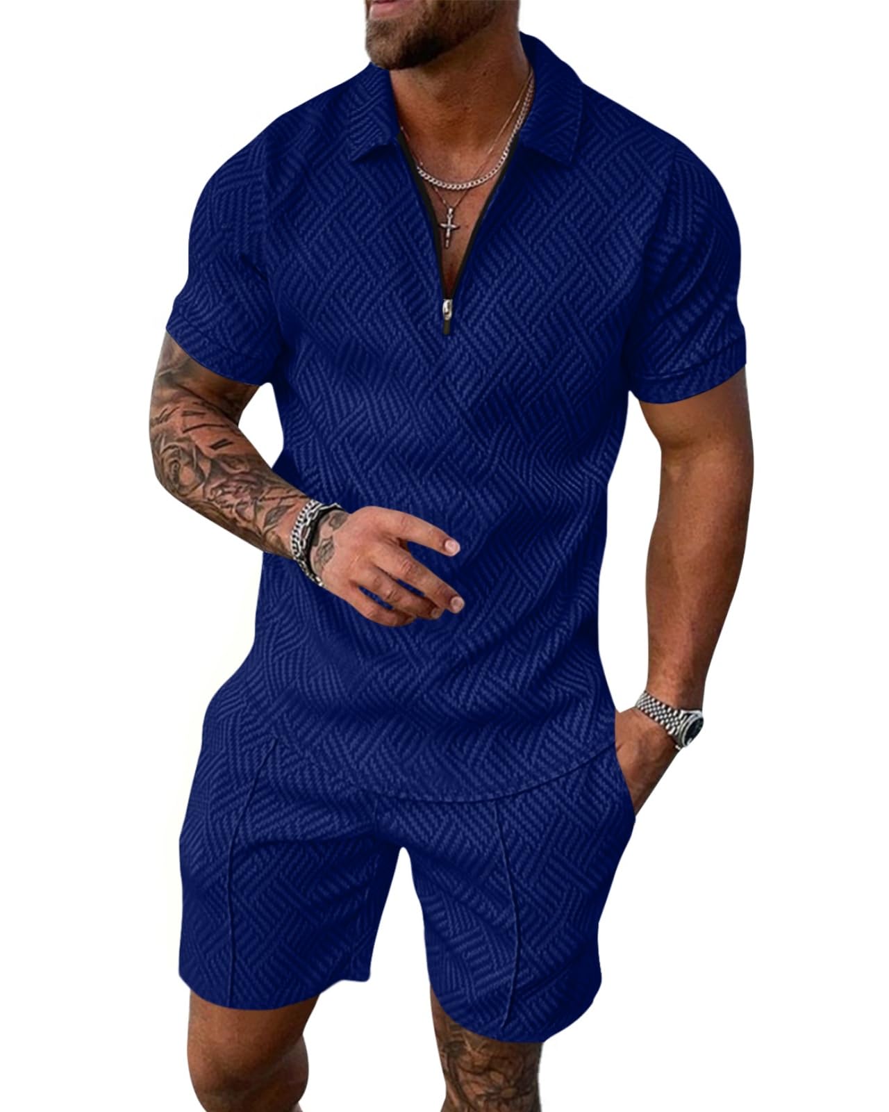 Aulemen Mens 2 Piece Zip Tracksuit Short Sleeve Print Polo Shirt and Shorts Sets Summer Outfits for Men