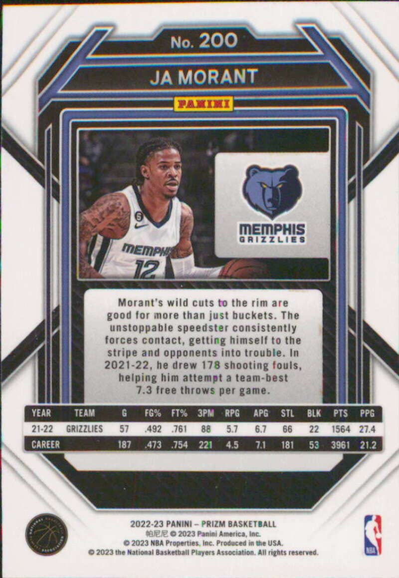 Amazon.com: 2022-23 Panini Prizm #200 Ja Morant Memphis