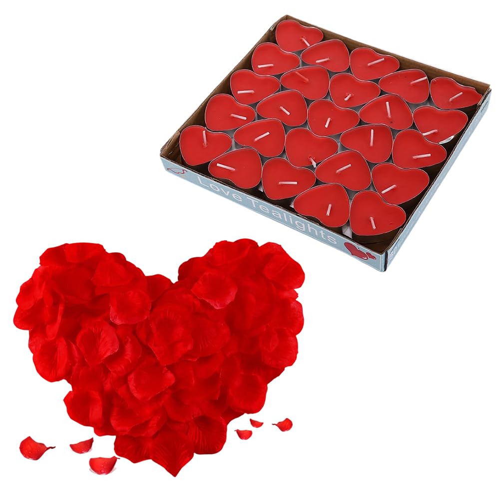 Valentine's Day Candle Set - 50 Heart Shaped Tea Lights Candles with 1000 Red Artificial Rose Petals | Romantic Dinner Wedding Proposal Decorations, Safe Clean-Burning Paraffin Wax Candles