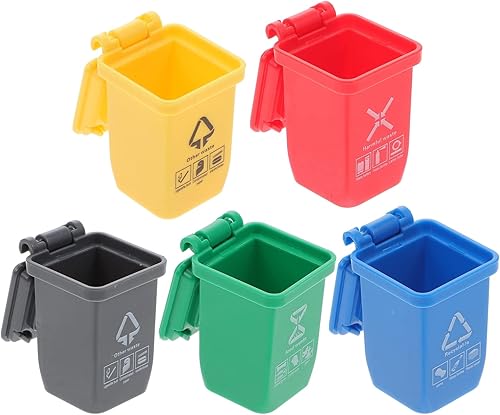 STOBOK Mini cubo de basura, 5 piezas de basura en miniatura con tapas abiertas, modelo de cubo de basura pequeño para niños pequeños para escena de