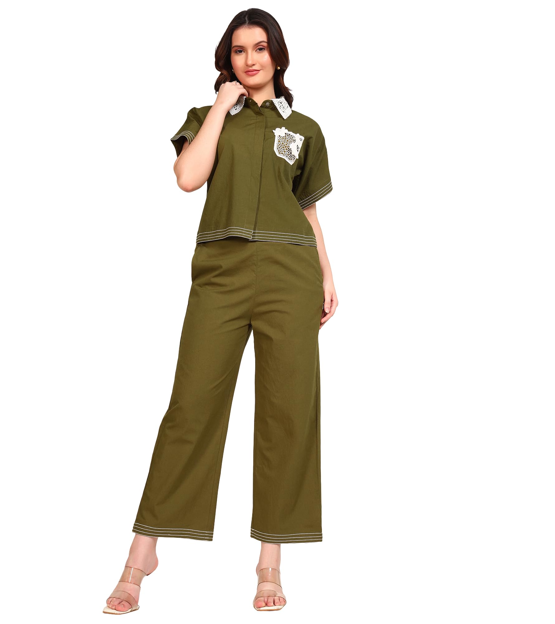 Solid Cotton Embroidered Shirt With Pants Co-Ord Set For Women's|Collar Neck Short Kimono Sleeves Regular Fit Stylish Summer Western Casual Wear Ladies Trendy Cord Set
