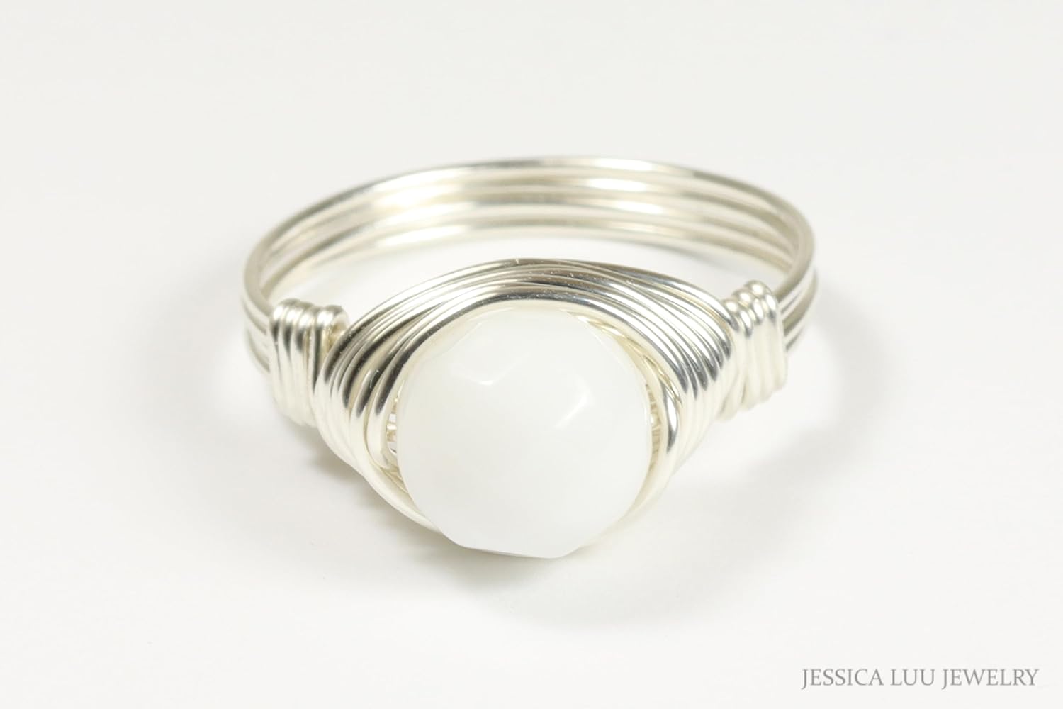 JESSICA LUU JEWELRY White Alabaster Gemstone Ring - Sterling Silver or Gold Wire Wrapped Handmade