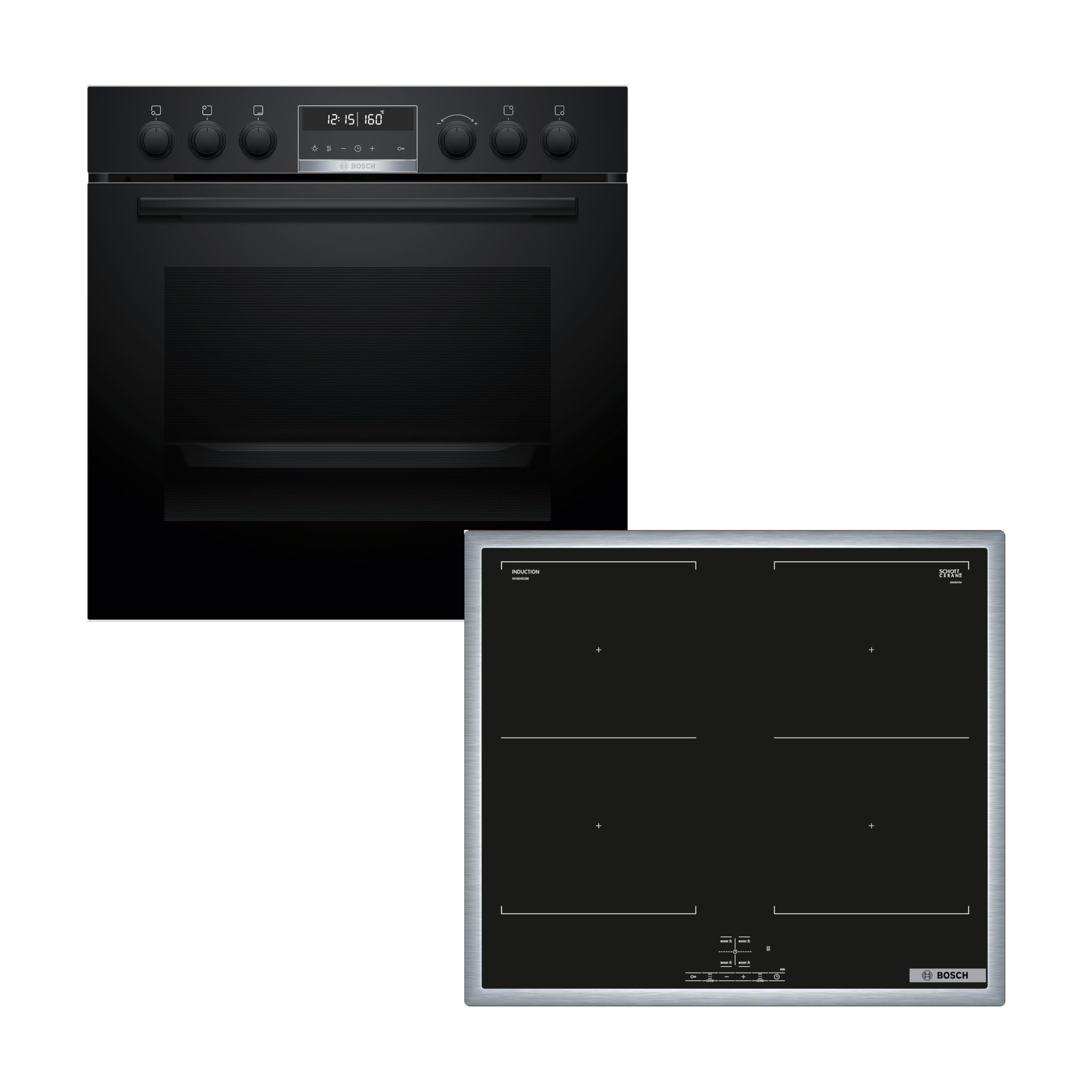 Bosch Einbauherd-Set HND677LS67, Serie 6 Einbau-Herd 60 cm mit Pyrolyse-Selbstreinigung und 3D-Heißluft HEB578BB4, Serie 4 Induktionskochfeld 60 cm herdgesteuert, Combi Zone und Power Boost NVQ645CB6E