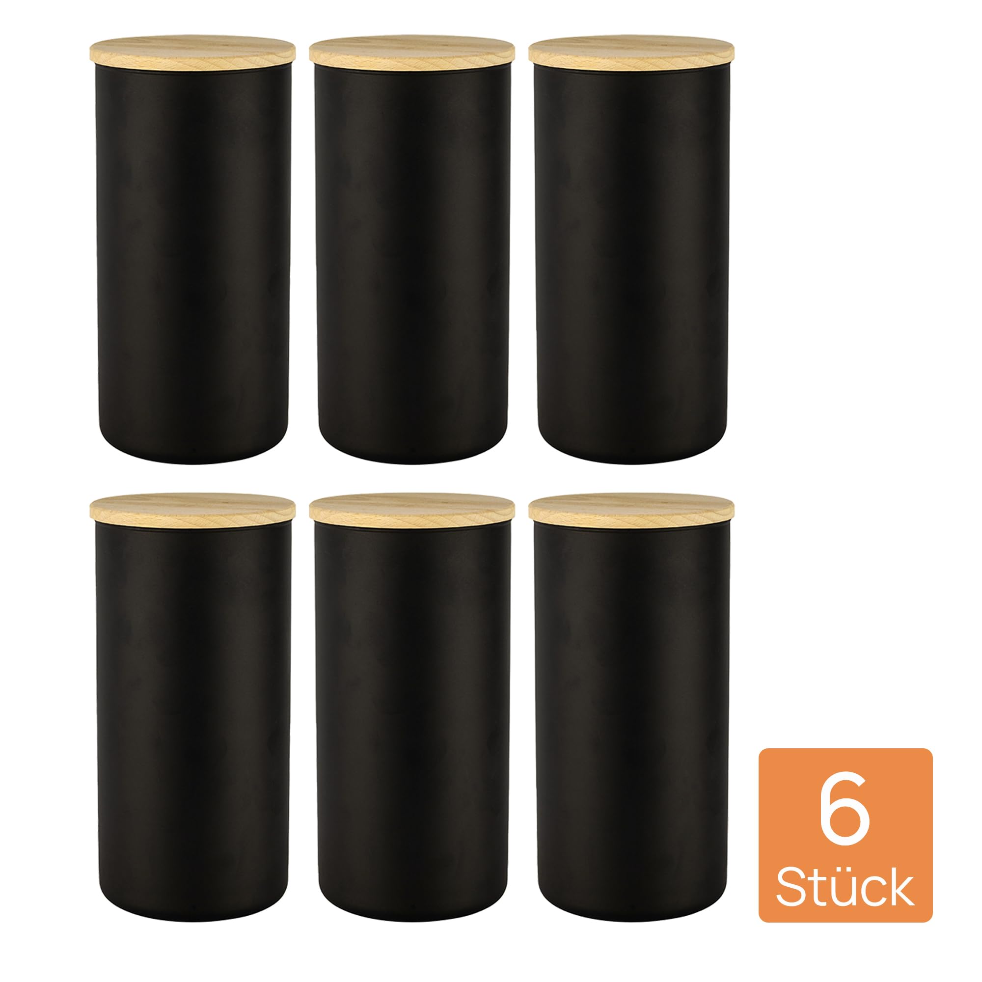 TREND FOR HOME 6 Schwarze Vorratsdosen Glas mit Deckel aus Holz Luftdicht 1385 ml/46.8oz Glasbehälter Vorratsgläser Set Tee Müsli Aufbewahrung Kaffeebohnen Behälter Gewürzgläser Eco Storage