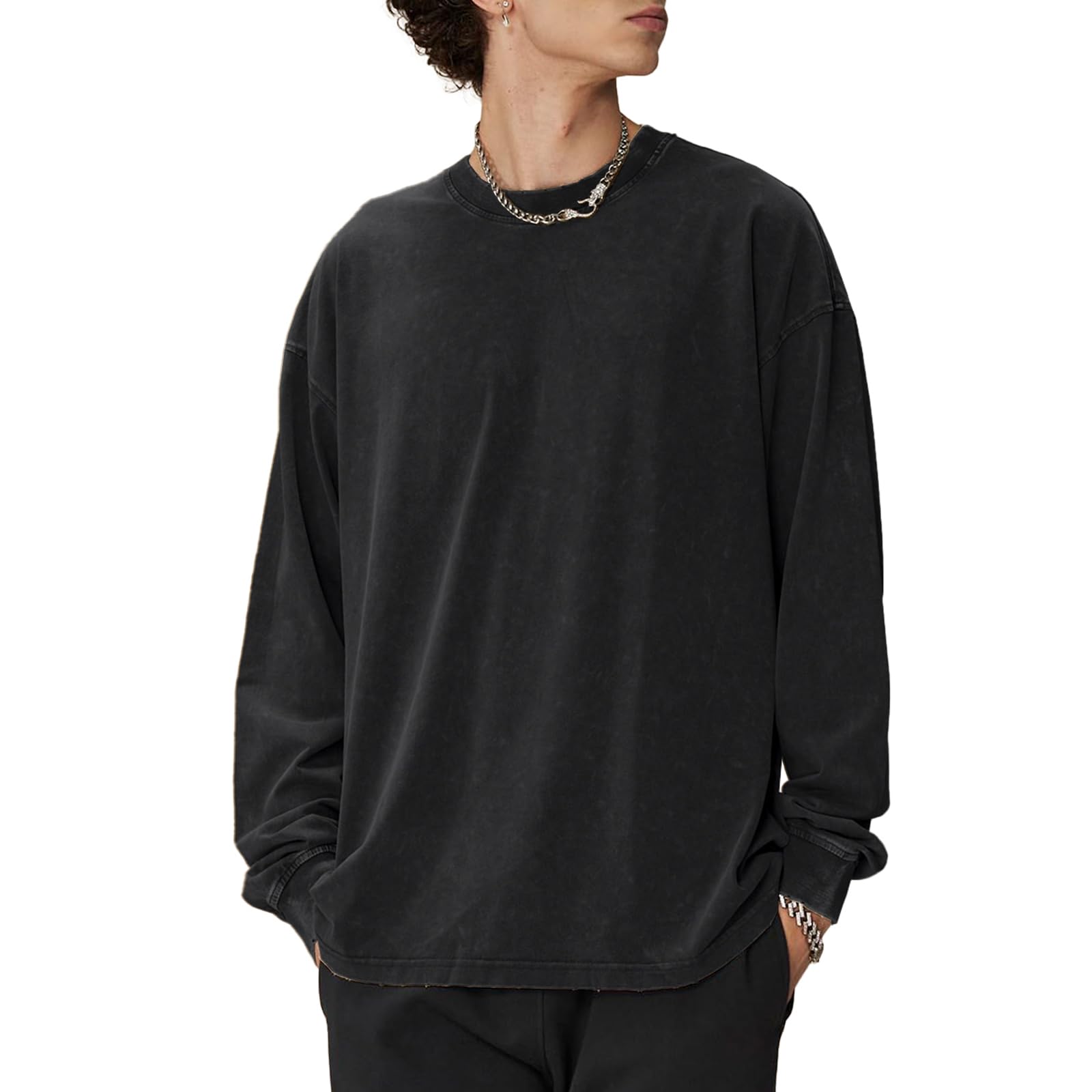 KEEPSHOWING Camisetas de gran tamaño para hombre, camisas de manga larga para hombre, vintage, lavado ácido, cómodos, colores cómodos, sudadera con cuello redondo