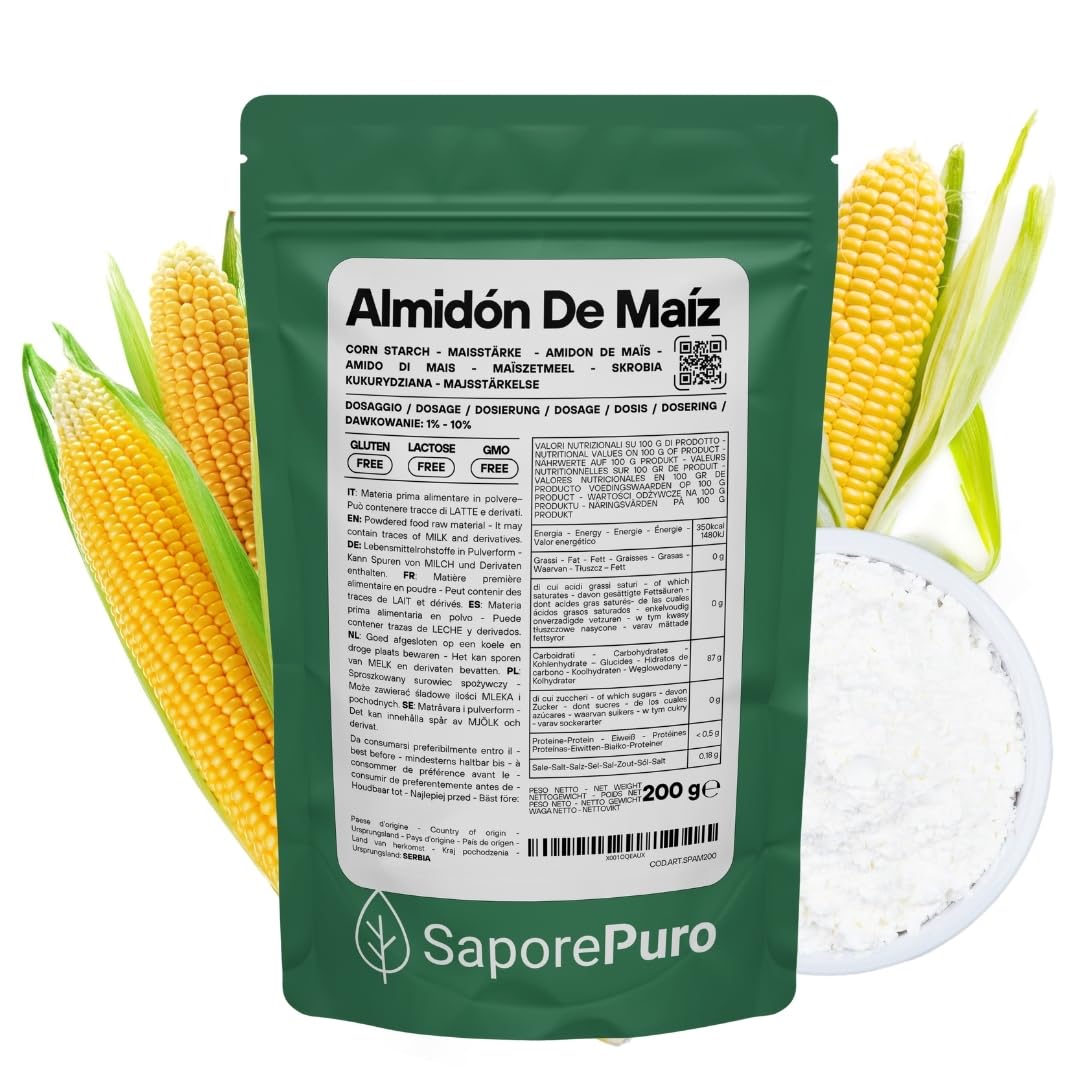 SaporePuro Almidón de Maíz Nativo 200 g – Espesante Natural para Postres, Cremas y Salsas – Sin Gluten y Vegano