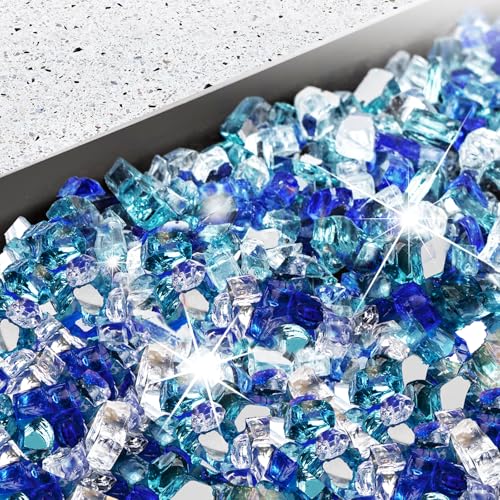 Image of Pulovin 10 lbs Fire Glass for Propane Fire Pit, 1 /2 Inch Fire Pit Glass Rocks for Gas Fireplace, Reflective Glass Rocks for Fire Pit Table, Blend of Cobalt Blue, Caribbean Blue and Platinum